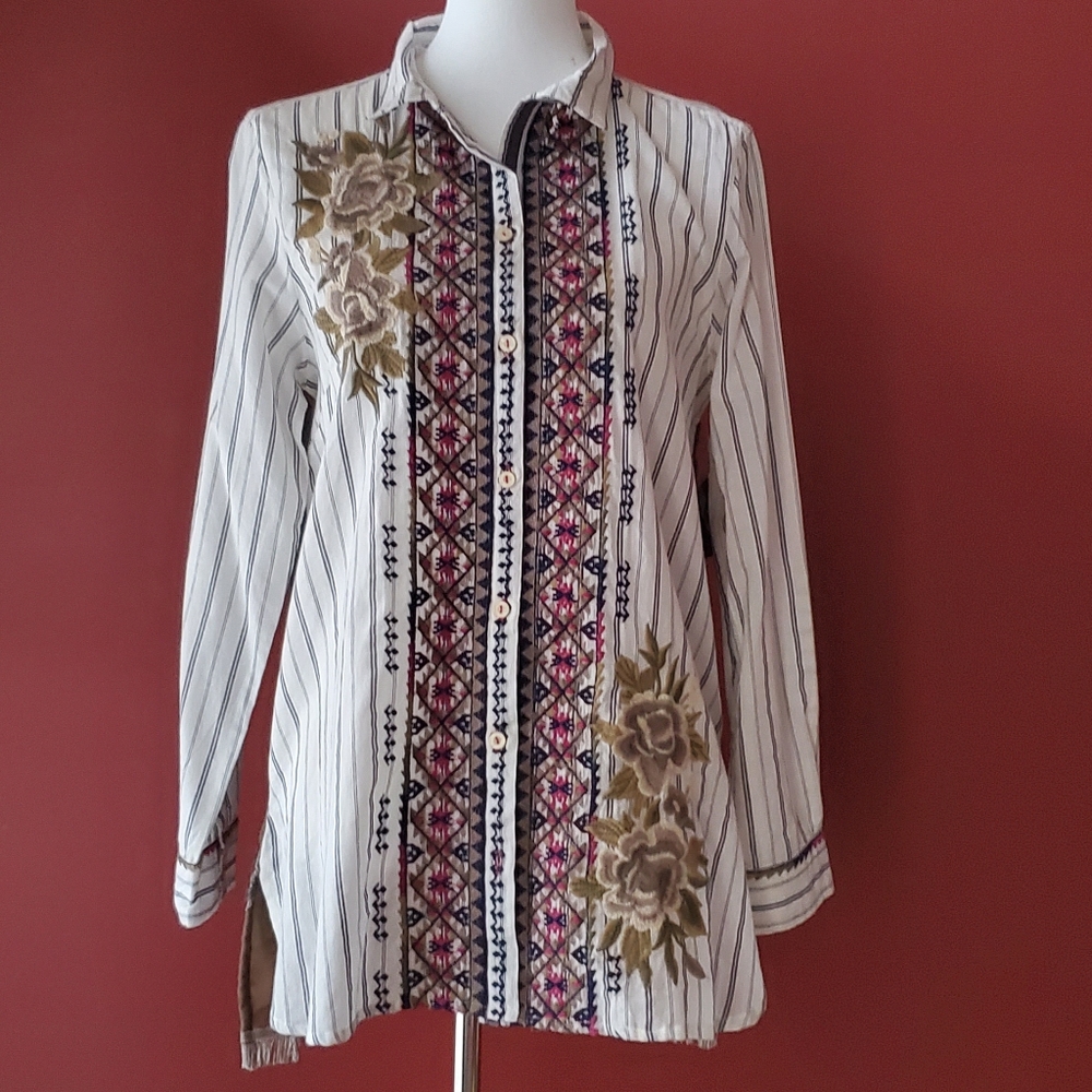 John Mark White Striped Button-Down with Pink and Olive Floral Embroidery
